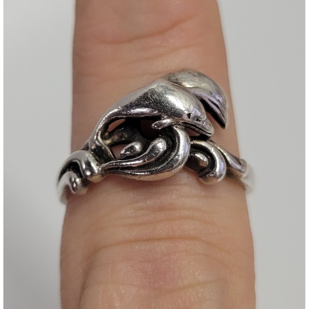 Vtg 925 Sterling Silver Double Dolphin Bypass Ring Size 7.25 Nautical Ring 3.3g